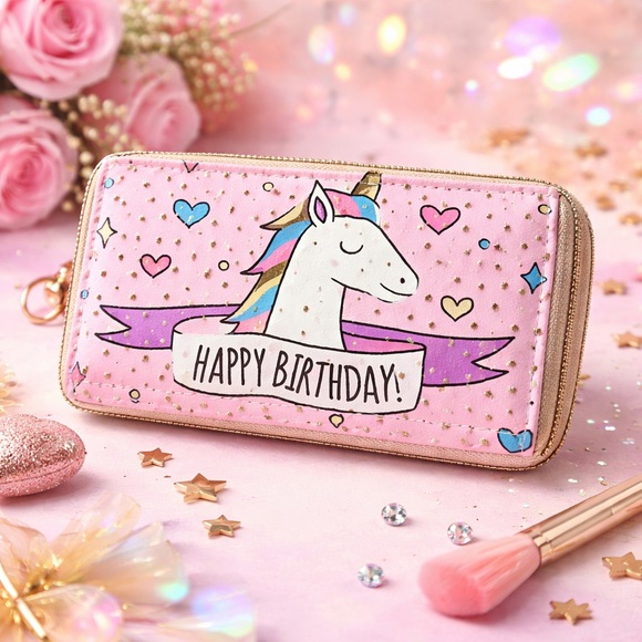 Handbags - Unicorn Happy Birthday Zip Around Wallet Pink Gold Stars Wristlet Clutch